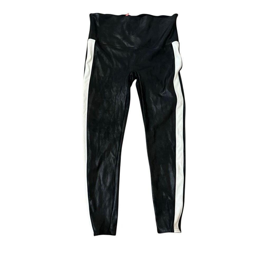 Spanx Black Faux Leather Leggings White Side Stripe Size 2X